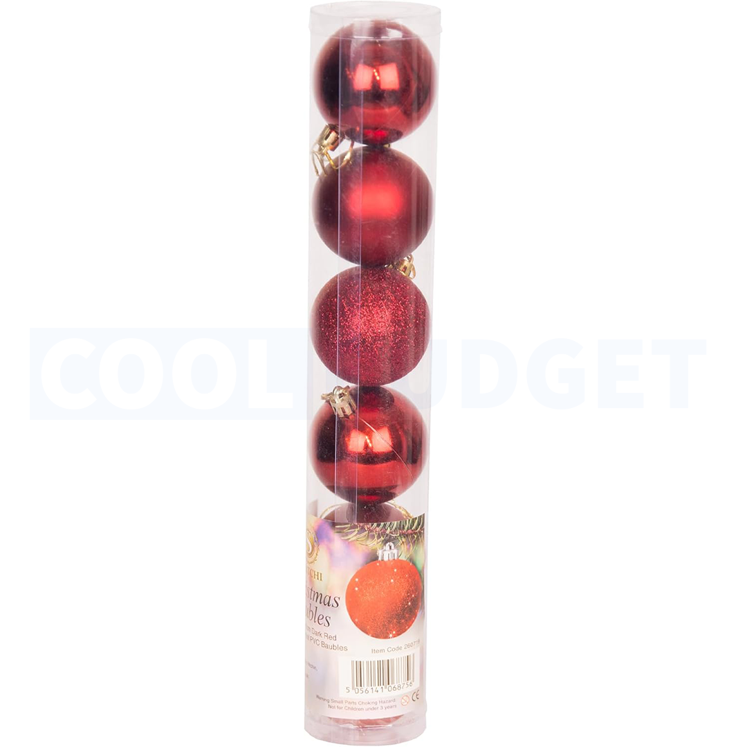 6 Pcs Red Color Christmas Baubles – Shatterproof Dark Grey Tree Decorations (6.5 cm)