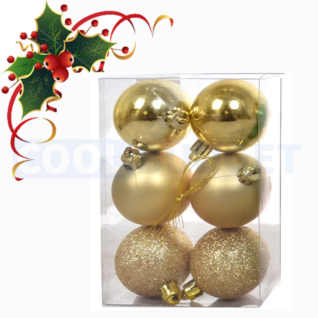 6 Pcs Gold Color Christmas Baubles – Shatterproof Tree Decorations (6.5 cm)