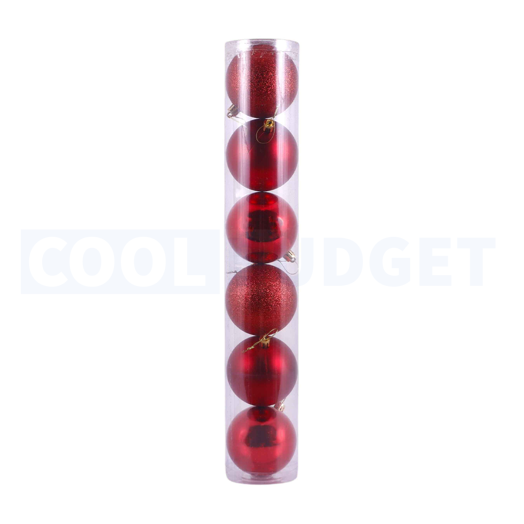 6 Pcs Red Color Christmas Baubles – Shatterproof Tree Decorations (8 cm)