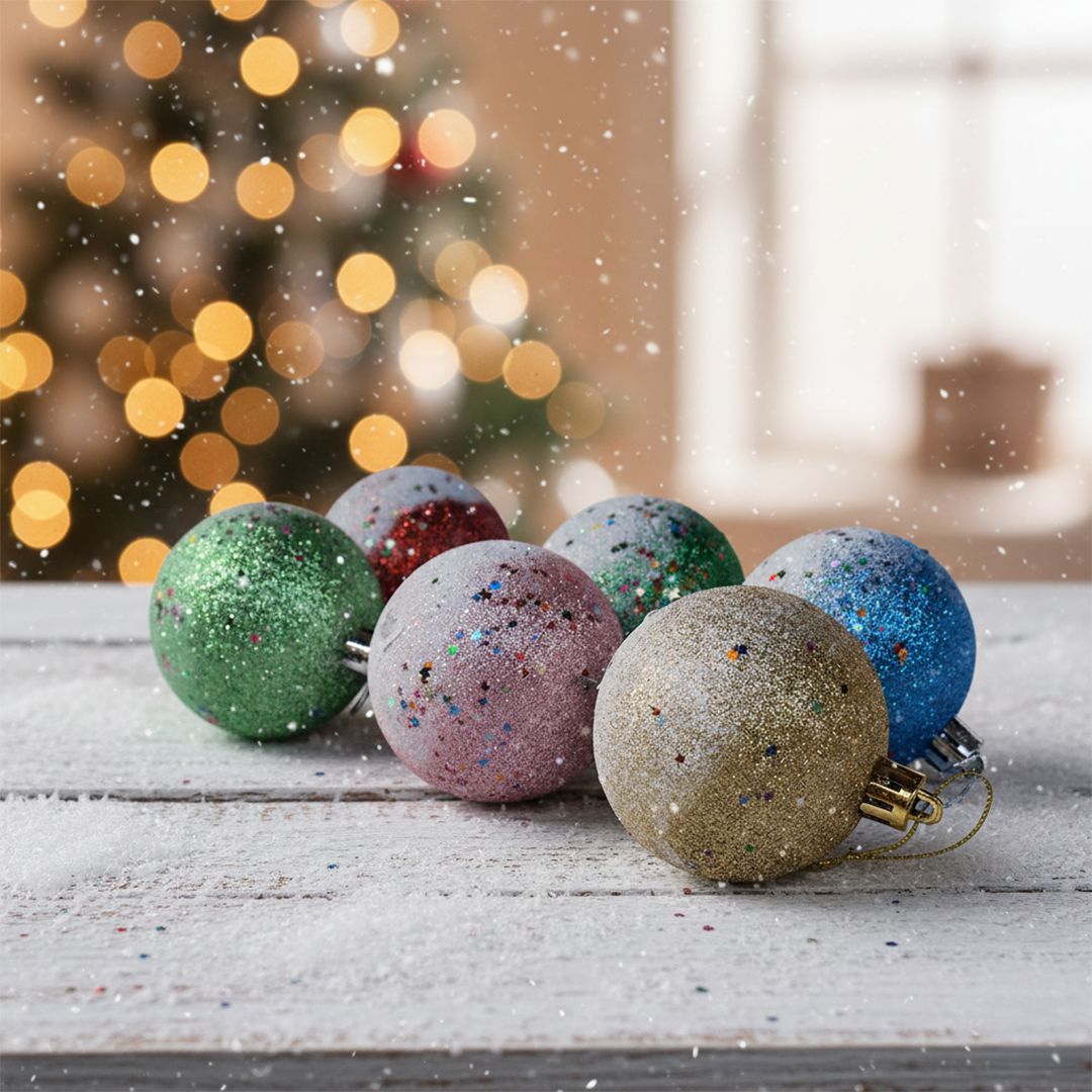 6 Balls Glitter Christmas Ball Set – Multicolour Hanging Ornaments