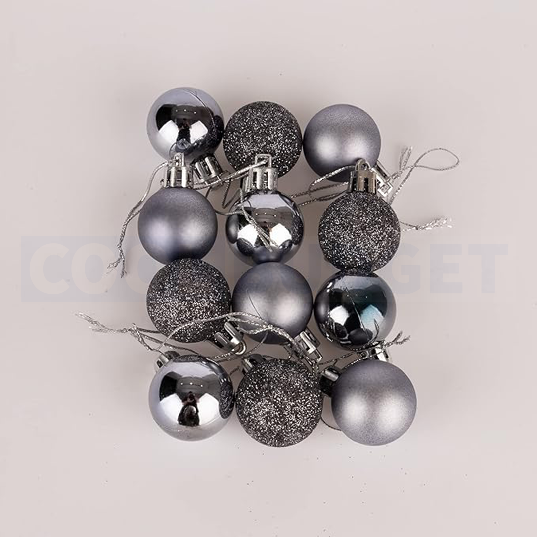 12 Pcs Silver Color Christmas Baubles – Shatterproof Dark Grey Tree Decorations (3.5 cm)