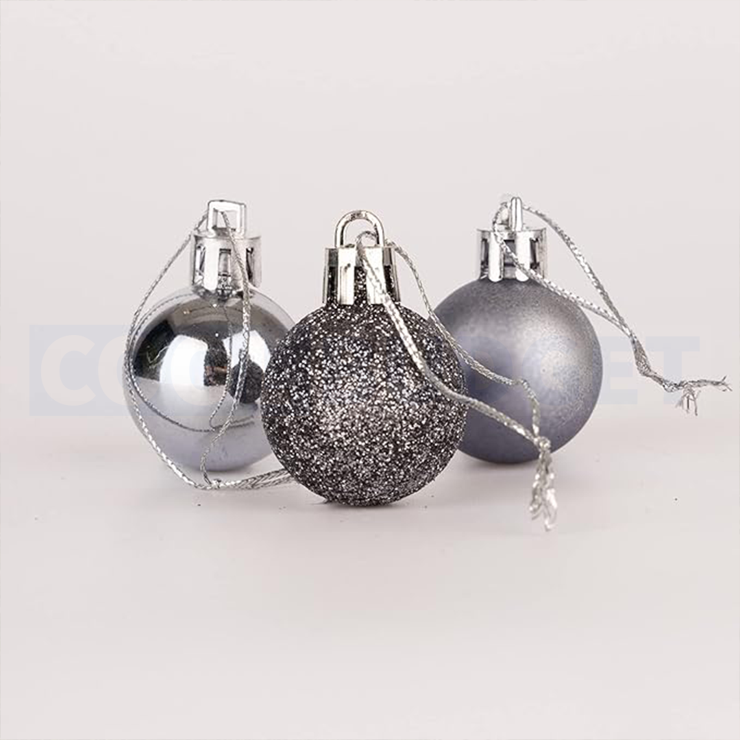 12 Pcs Silver Color Christmas Baubles – Shatterproof Dark Grey Tree Decorations (3.5 cm)