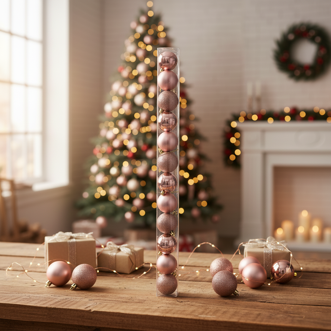 Rose Gold Christmas Ornament Set – 12-Piece Shatterproof Baubles