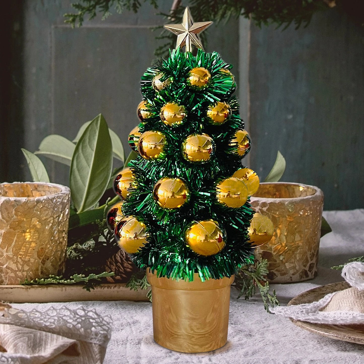 Mini Table Top Christmas Tree – 27 cm (Tinsel & Bauble Decor)
