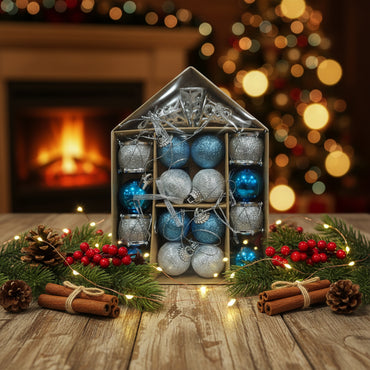 Premium Christmas Ornament Set - Blue & Silver Collection with Bells, Drums, and Baubles