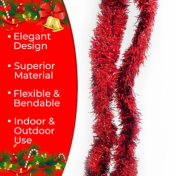 Vibrant Red Tinsel Garland for Christmas Decor – 1 pcs