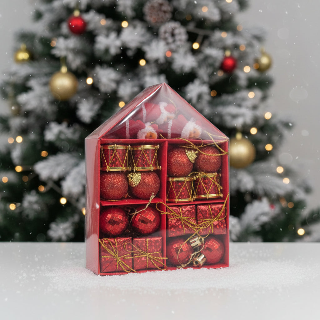Traditional Red & Gold Christmas Ornament Set with Santa, Drums, Balls, and Gift Boxes