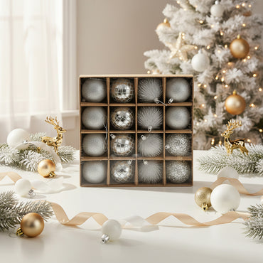 Silver Christmas Ornament Set – 16 Mixed Texture Baubles for Holiday Tree Decoration