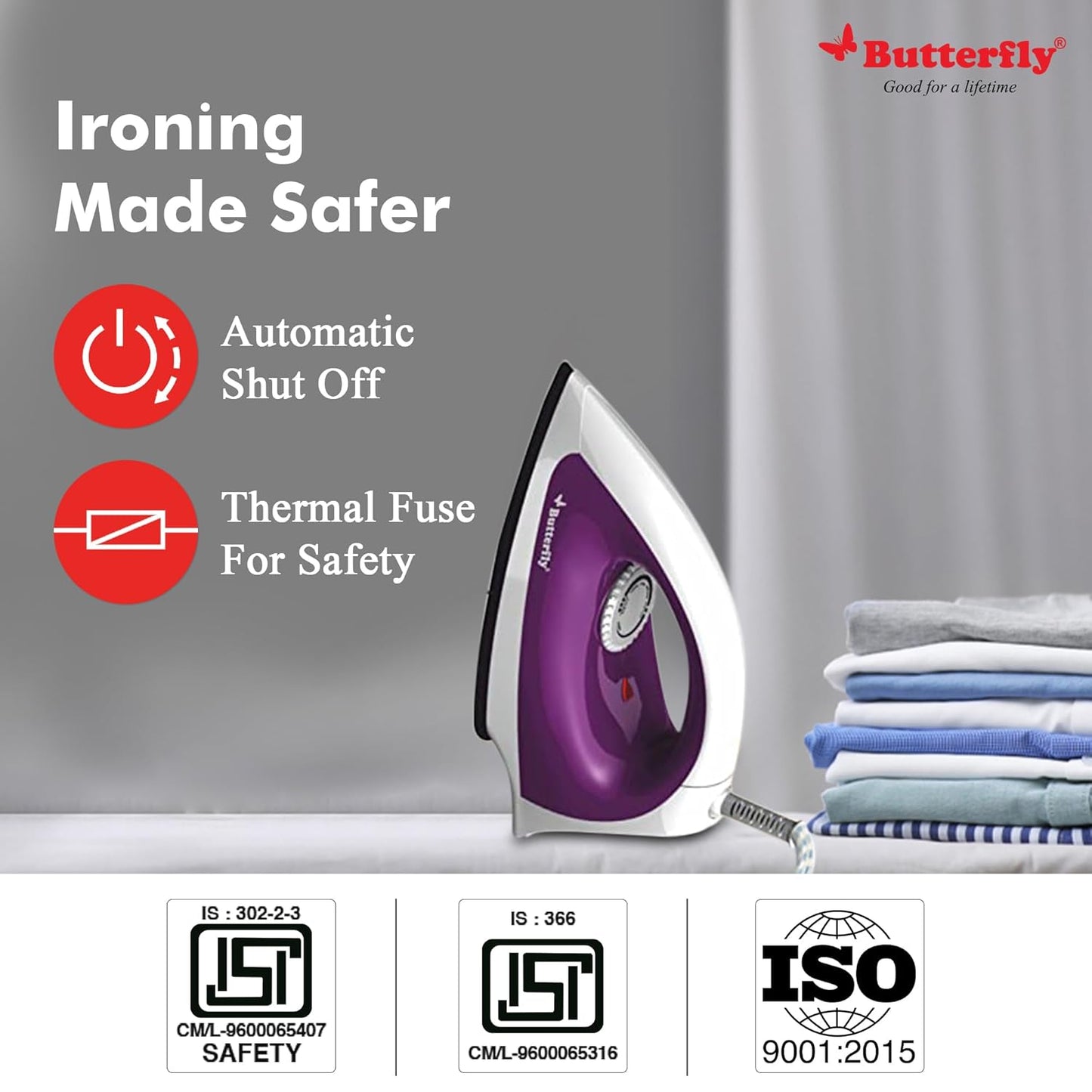 BUTTERFLY STAINLESS STEEL AND POLYPROPYLENE AEIES DRY IRON 1000 W, 1000 WATTS