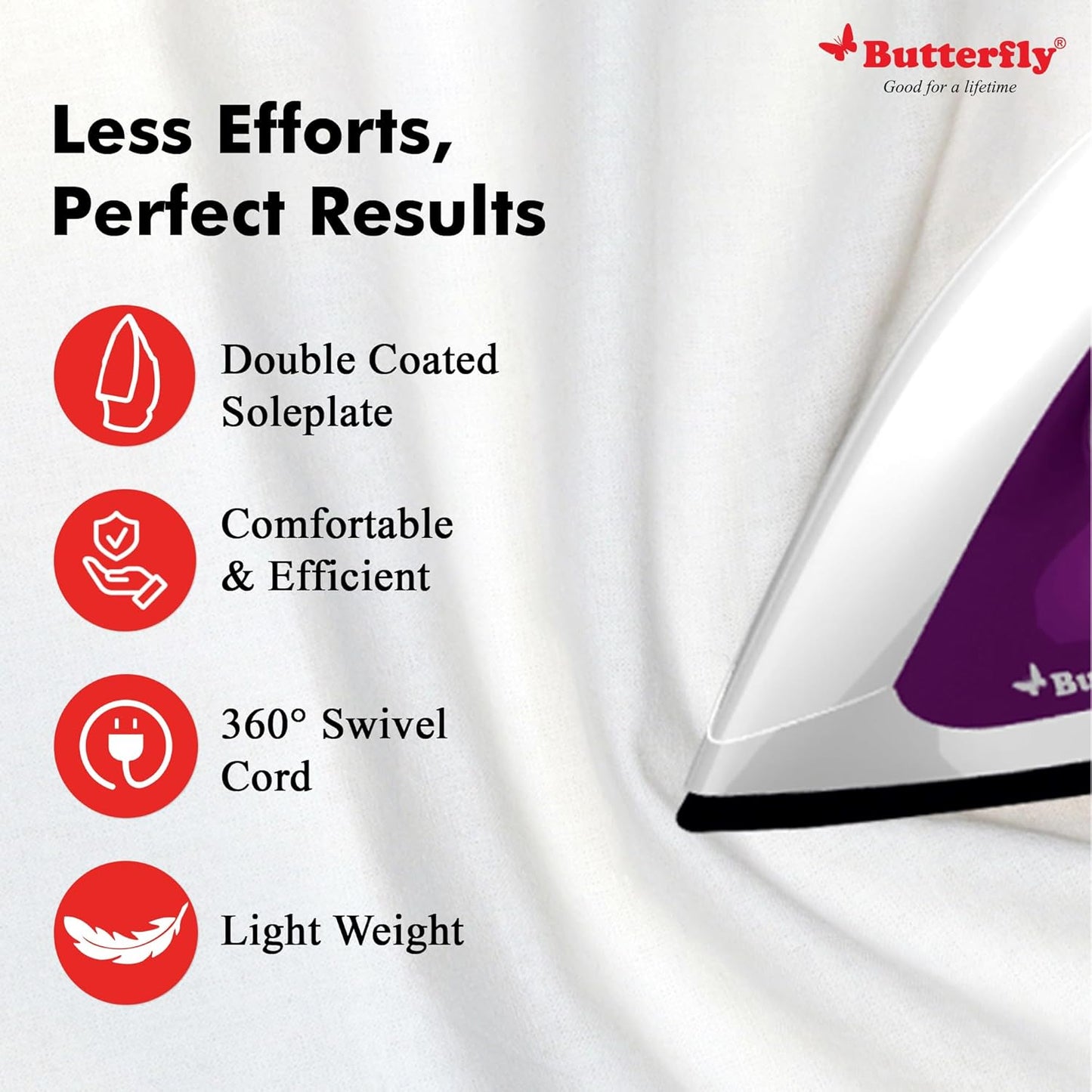 BUTTERFLY STAINLESS STEEL AND POLYPROPYLENE AEIES DRY IRON 1000 W, 1000 WATTS