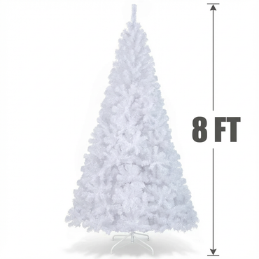 8ft White Christmas Tree, Artificial Hinged Christmas Tree, Folding Metal Stand, Indoor Outdoor Xmas Decoration Tree for Home Office Party, Easy Setup