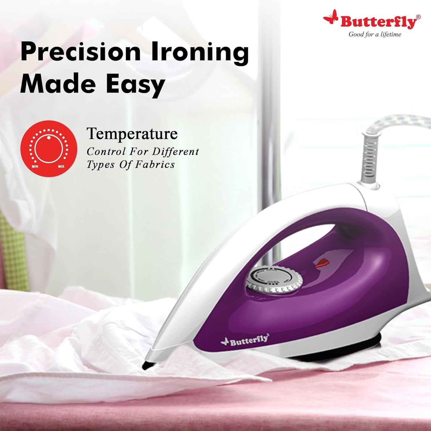 BUTTERFLY STAINLESS STEEL AND POLYPROPYLENE AEIES DRY IRON 1000 W, 1000 WATTS
