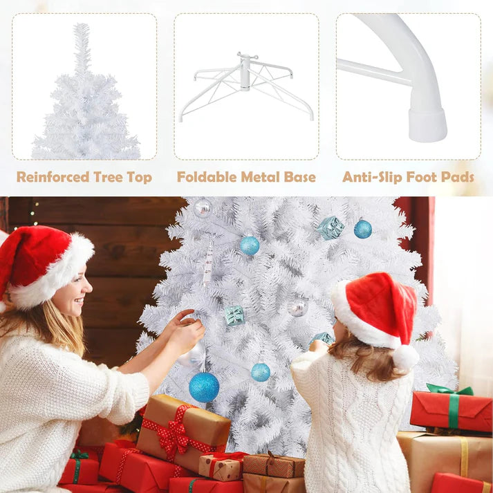 7ft White Christmas Tree, Artificial Hinged Christmas Tree, Folding Metal Stand, Indoor Outdoor Xmas Decoration Tree for Home Office Party, Easy Setup