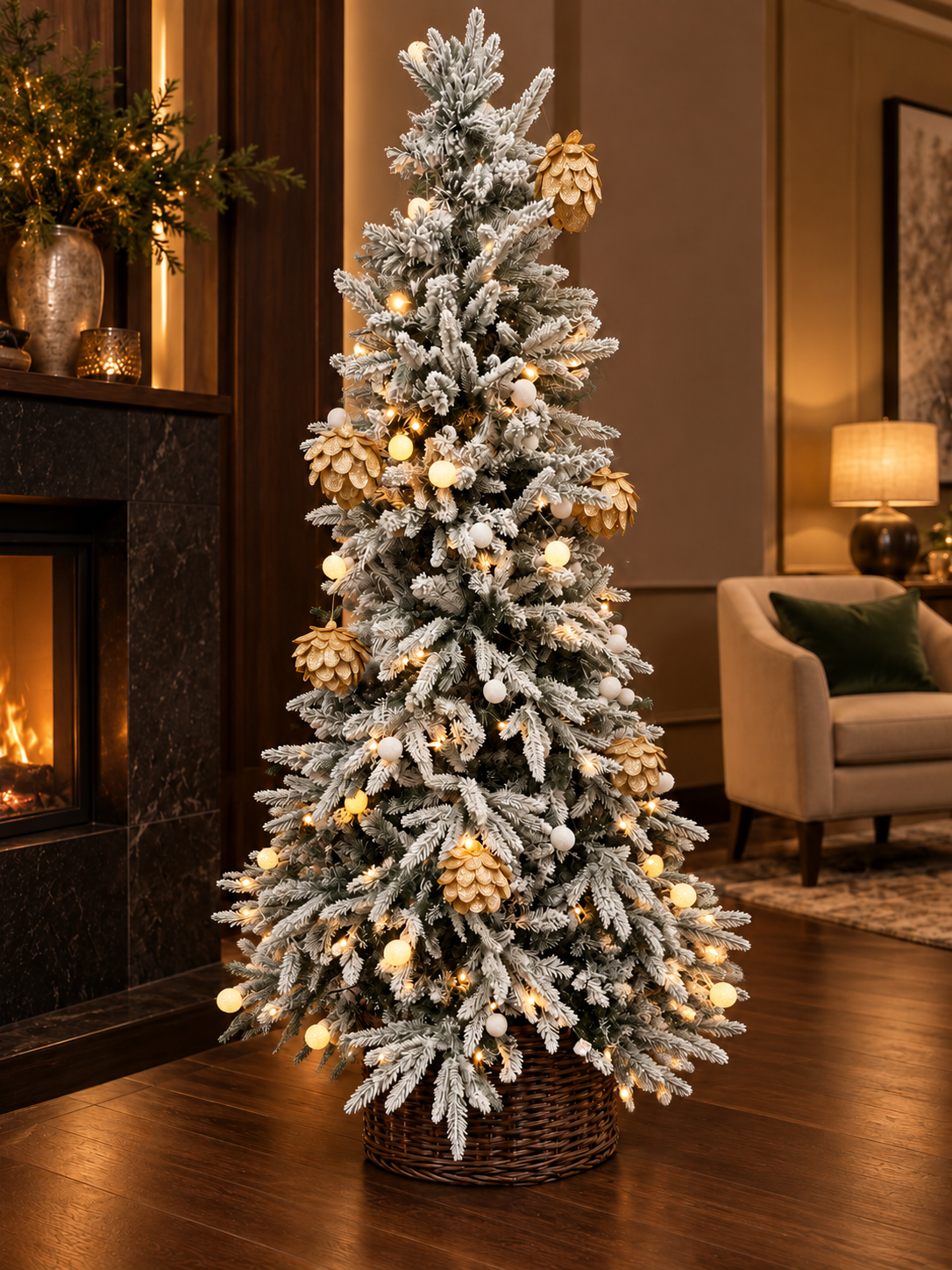 6ft Pre-Lit Snow-Flocked Christmas Tree with Warm LED Lights – warmly lit beside a fireplace
