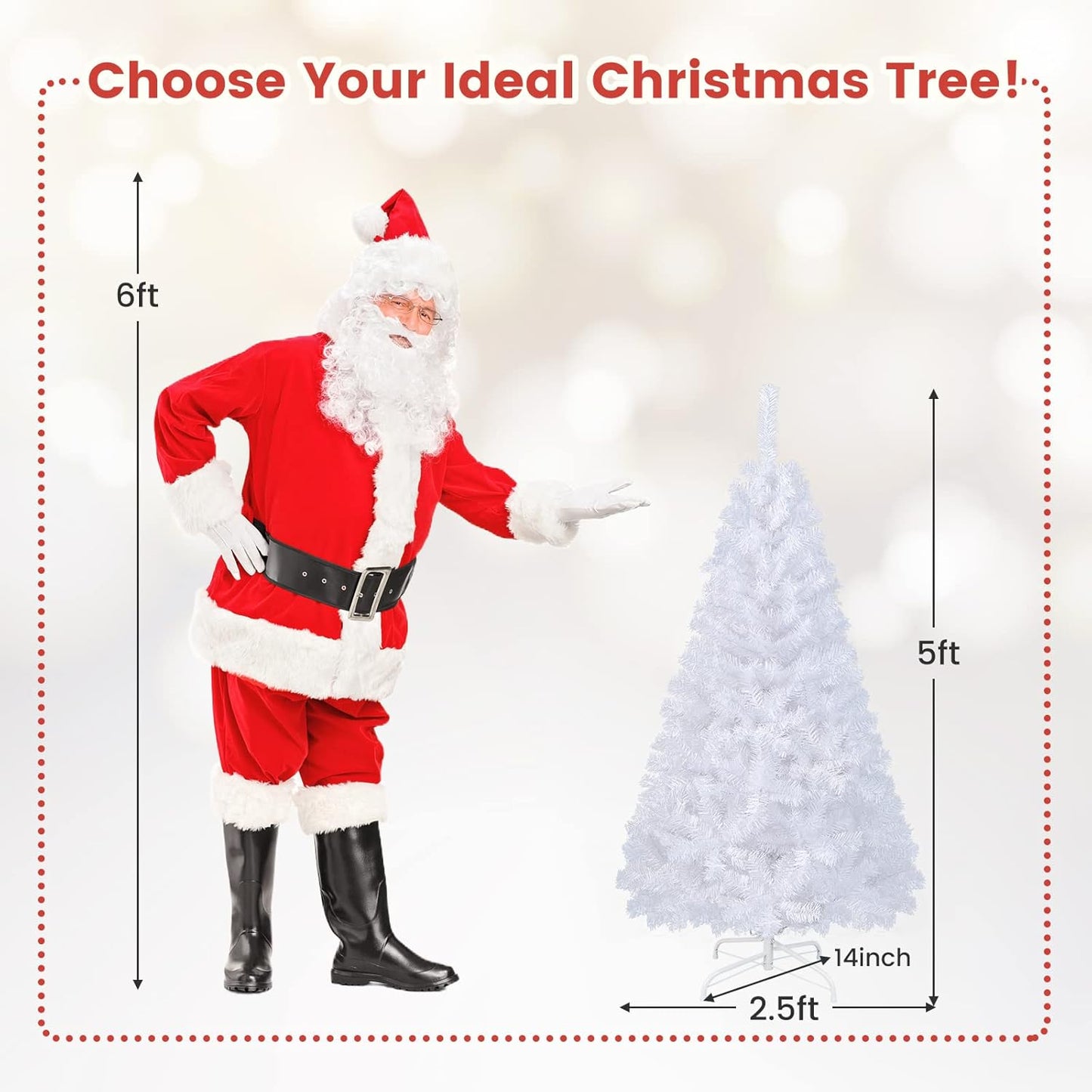 5ft White Christmas Tree, Artificial Hinged Christmas Tree, Folding Metal Stand, Indoor Outdoor Xmas Decoration Tree for Home Office Party, Easy Setup