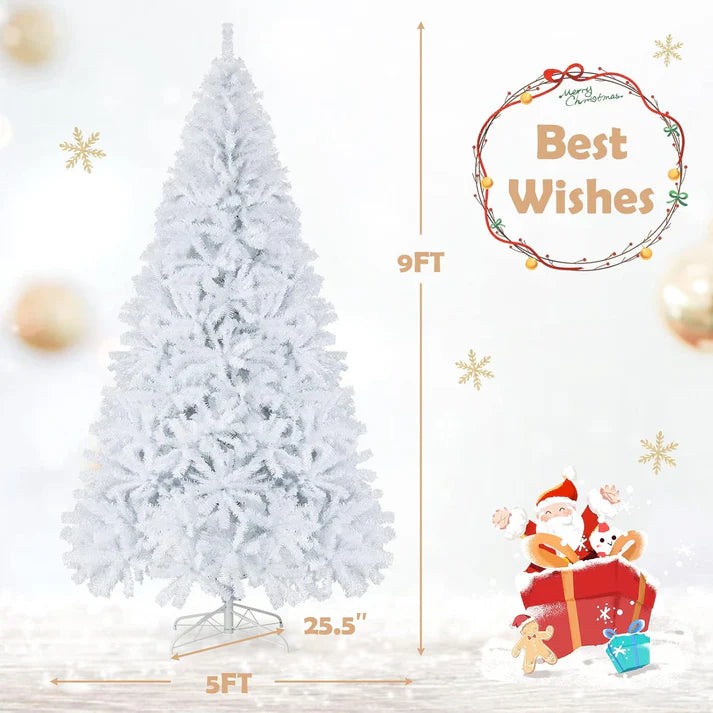 8ft White Christmas Tree, Artificial Hinged Christmas Tree, Folding Metal Stand, Indoor Outdoor Xmas Decoration Tree for Home Office Party, Easy Setup