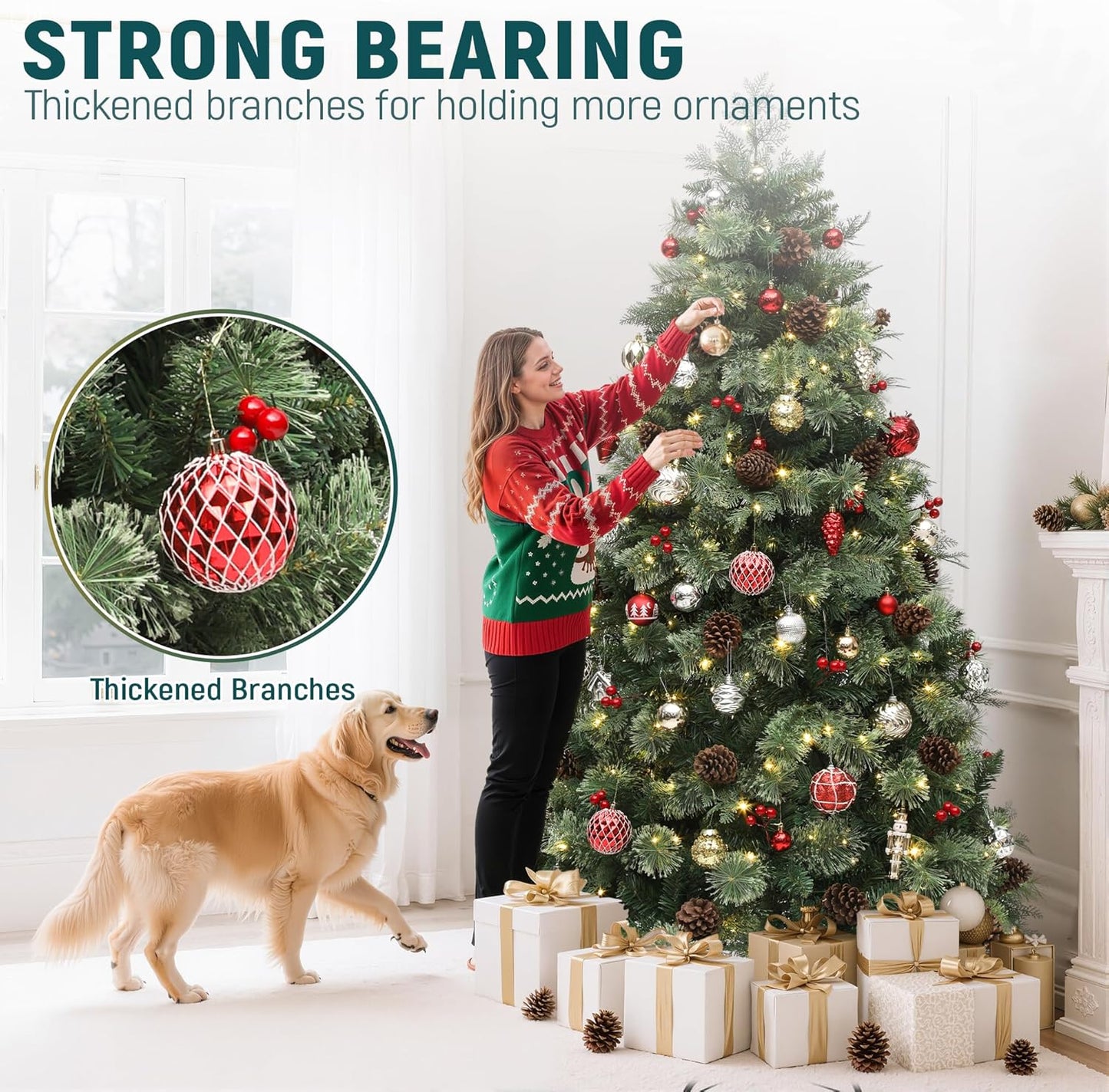 7 FT YITAHOME 7 Prelit Carolina Pine Christmas Tree with Remote, Artificial Green Hinged Christmas Tree with Mixed Tips, Pine Needles