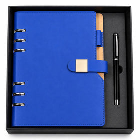 Executive 6-Ring Refillable Leather Binder Notebook & Pen Gift Set in Royal Blue Presentation Box