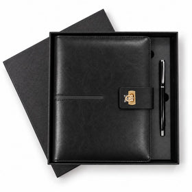 Executive 6-Ring Organizer Journal with Solar Calculator & Pen Gift Set in Classic Black Presentation Box