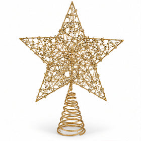 Glitter Gold Wire Star Christmas Tree Topper with Spiral Base – front view on white background