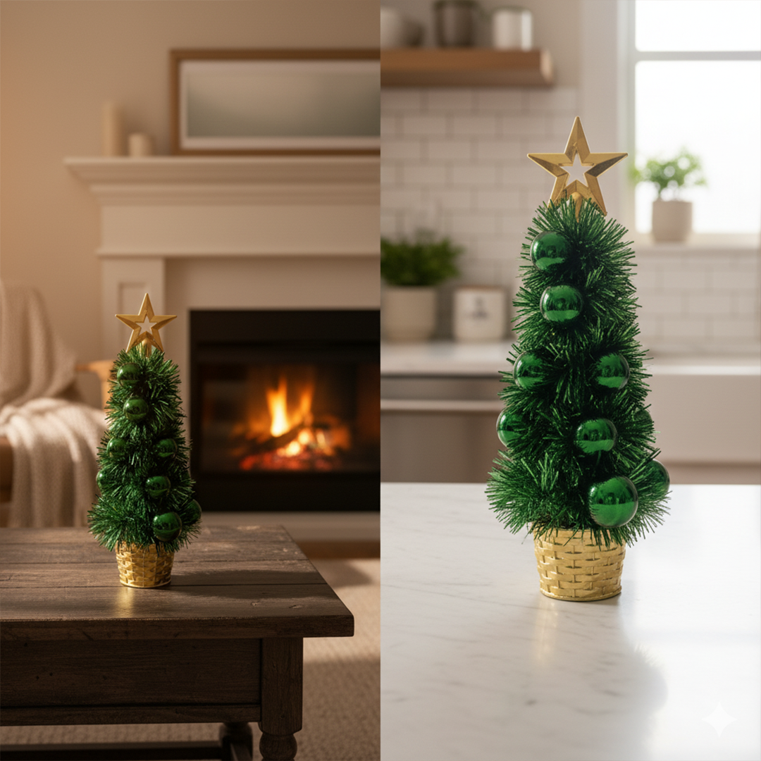 Mini Table Top Christmas Tree – 27 cm (Tinsel & Bauble Decor)