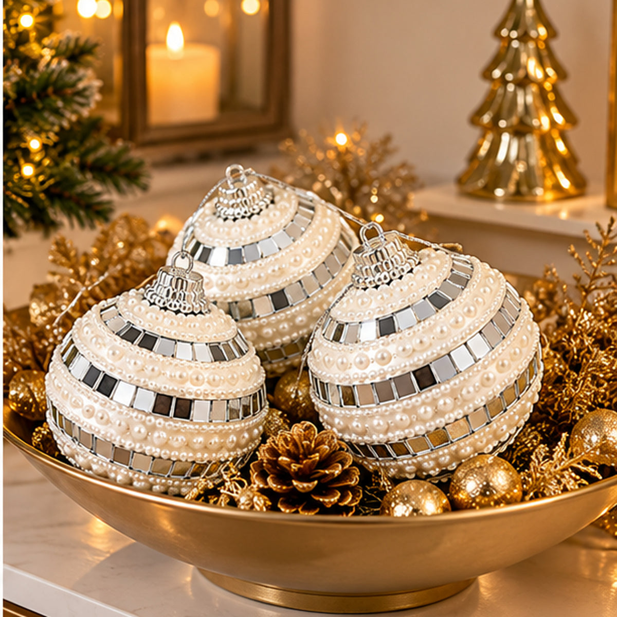 Mirror Disco Tile & Pearl Beaded Christmas Baubles – Set of 3 – festive centerpiece display