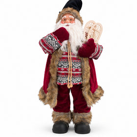 Nordic Alpine Santa Claus Christmas Figurine with Snowshoes & Knitted Sweater – front view on white background