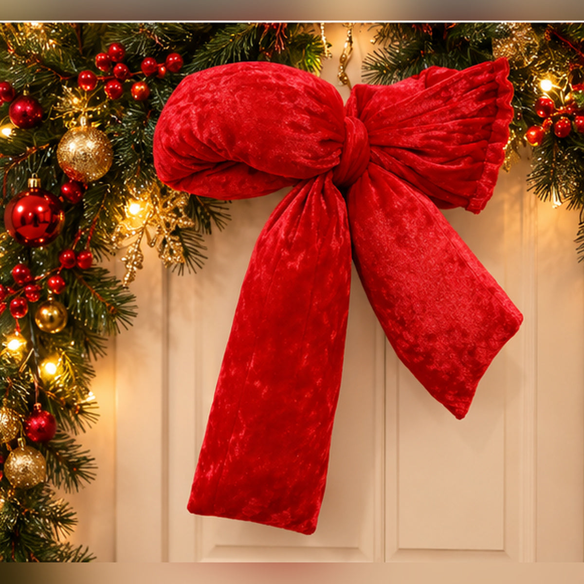Red Velvet Puffy Christmas Bow Tree Topper & Holiday Decoration – festive door garland holiday display