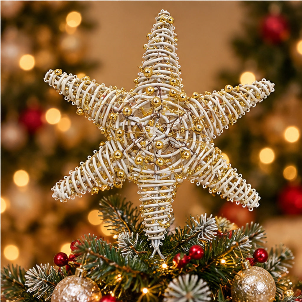 Woven Rattan Christmas Tree Topper Star with Gold Beads & Spiral Base – festive Christmas tree display