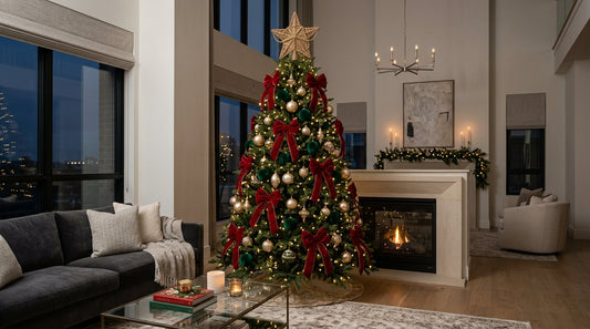 2026 designer Christmas tree styling with emerald green, black and gold luxury baubles and woven rattan star - Cool Budget
