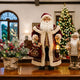 Curated vignette of collector Santa Claus figurines on a luxury wooden console table - Cool Budget