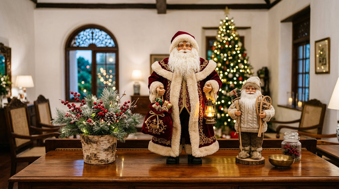 Curated vignette of collector Santa Claus figurines on a luxury wooden console table - Cool Budget