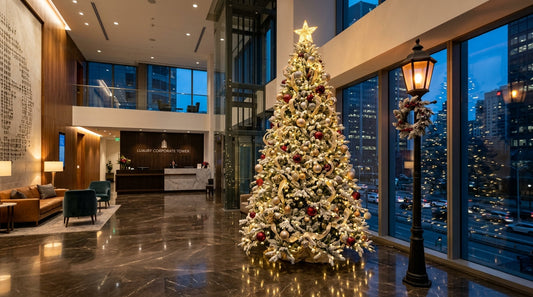 Luxury 8-foot pre-lit frosted Christmas tree in a modern corporate reception in Sri Lanka