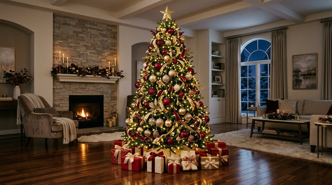 Magazine-editorial decorated Christmas tree lavishly adorned with shatterproof red and gold baubles in Sri Lanka - Cool Budget