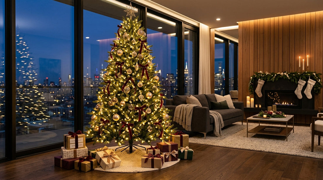 Majestic 7ft decorated Christmas tree glowing in modern Sri Lankan living room with warm fairy lights - Cool Budget