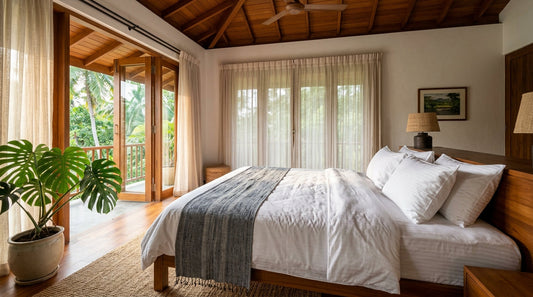 Modern luxury Sri Lankan master bedroom with Egyptian cotton striped bedsheets and handloom runner - Cool Budget