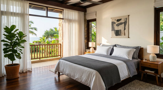 Luxury tropical bedroom with hotel-grade Egyptian cotton striped bedsheets and plush bedding layers in Sri Lanka - Cool Budget