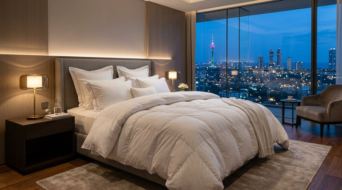 Luxury hotel grade fluffy white duvet styled in upscale Colombo master bedroom - Cool Budget