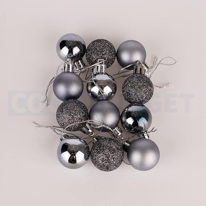 12 Pcs Silver Color Christmas Baubles – Shatterproof Dark Grey Tree Decorations (3.5 cm)