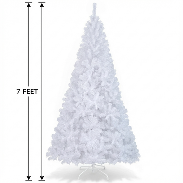 7ft White Christmas Tree, Artificial Hinged Christmas Tree, Folding Metal Stand, Indoor Outdoor Xmas Decoration Tree for Home Office Party, Easy Setup