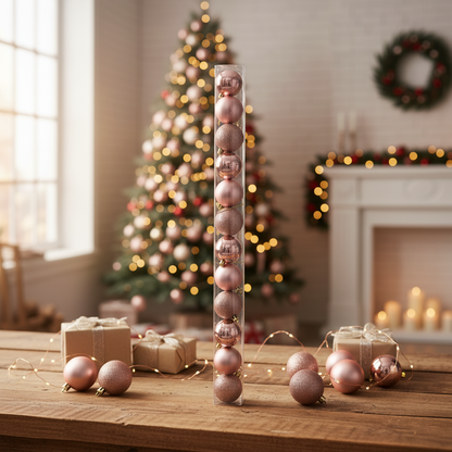 Rose Gold Christmas Ornament Set – 12-Piece Shatterproof Baubles