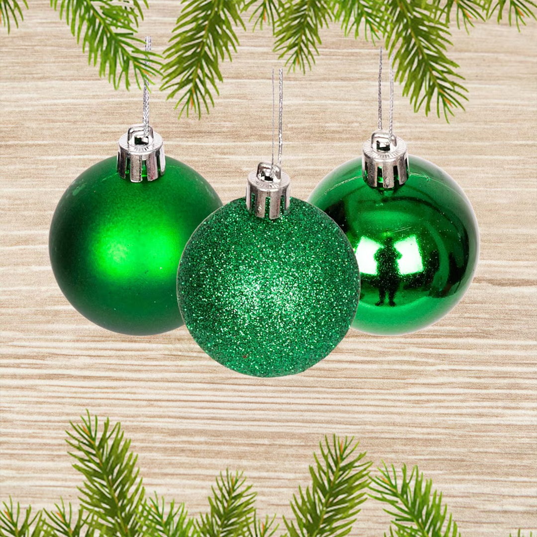 12-Piece Green Christmas Baubles Set – Shatterproof Decorative Tree Ornaments (Glossy, Matte & Glitter) - 3