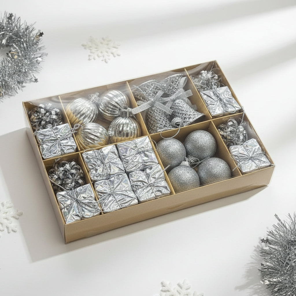 Deluxe Silver Christmas Ornament Collection - Mixed Shapes Set with Balls, Bells, Gift Boxes