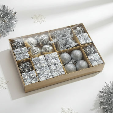 Deluxe Silver Christmas Ornament Collection - Mixed Shapes Set with Balls, Bells, Gift Boxes