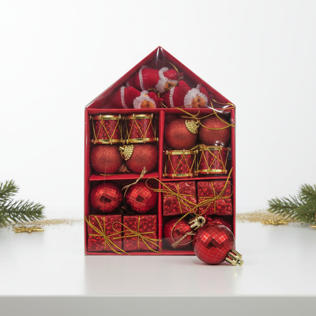 Traditional Red & Gold Christmas Ornament Set with Santa, Drums, Balls, and Gift Boxes
