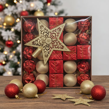 Red & Gold Christmas Ornament Set - Premium Holiday Decoration Collection with Tree Topper Star