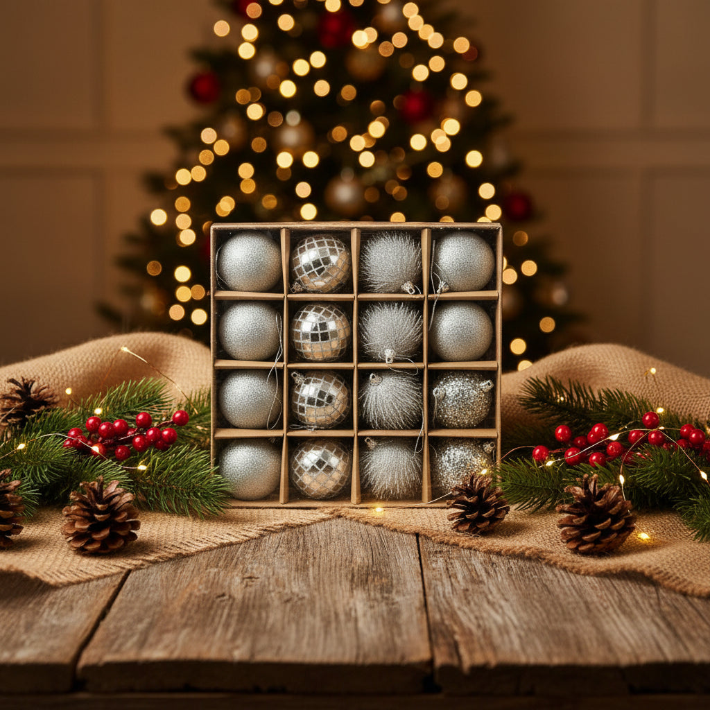 Silver Christmas Ornament Set – 16 Mixed Texture Baubles for Holiday Tree Decoration