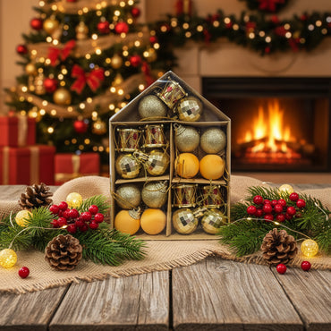 Decorative Christmas Hanging Ornaments - Orange And Gold Baubles & Mini Drums