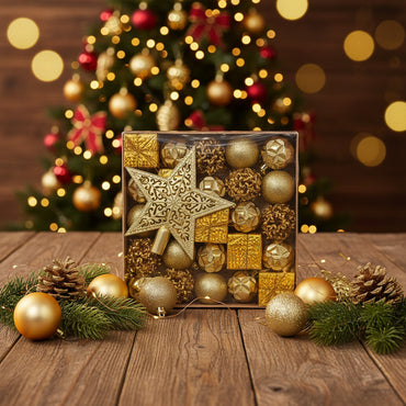 Gold Christmas Ornament Set - Premium Holiday Decoration Collection with Tree Topper Star