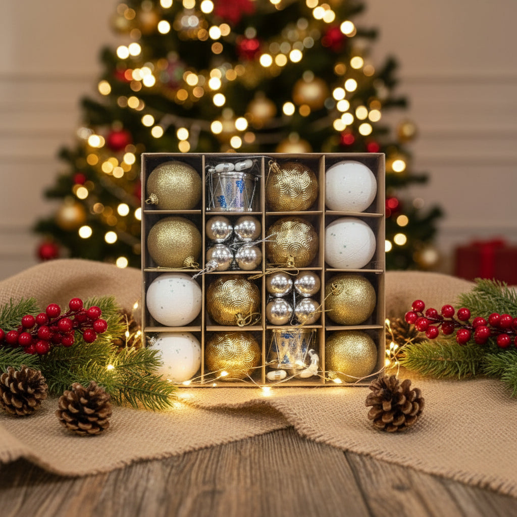 Premium Christmas Ornament Ball Set - Gold, Silver & White Balls Collection with Decorative Drum